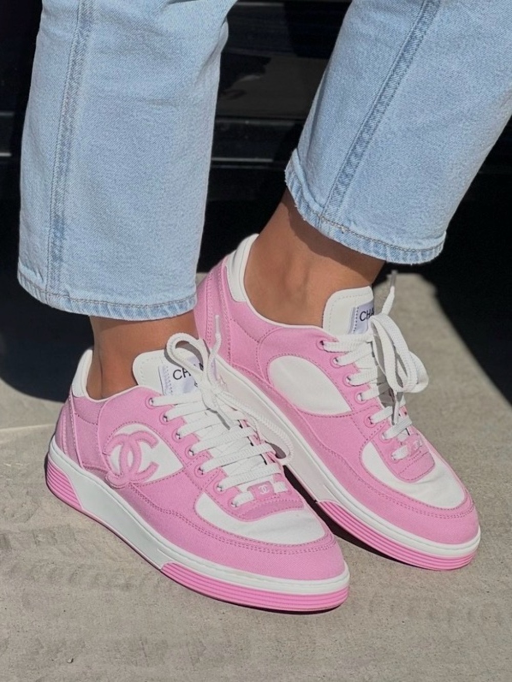 CHANEL Pink and White Low-Top Sneakers with Interlocking CC